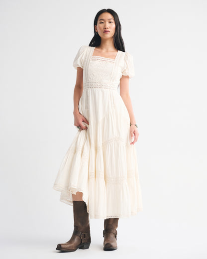 Abercrombie Puff Sleeve Lace-Pieced Maxi Dress