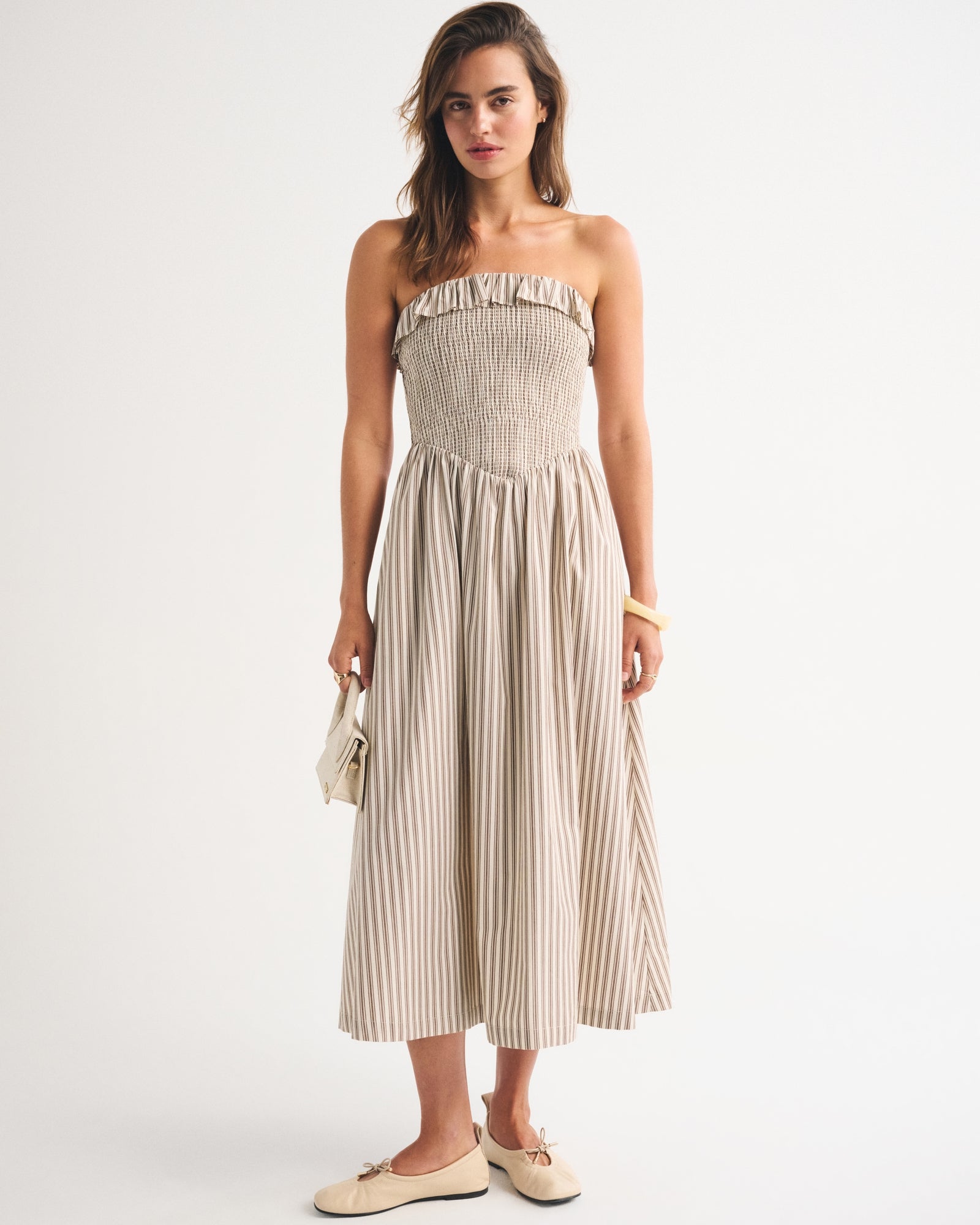 Abercrombie A&F Sydney Smocked Strapless Dipped-Waist Midi Dress