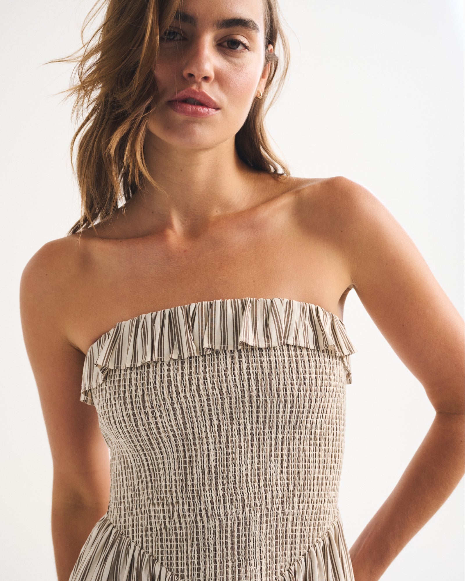 Abercrombie A&F Sydney Smocked Strapless Dipped-Waist Midi Dress