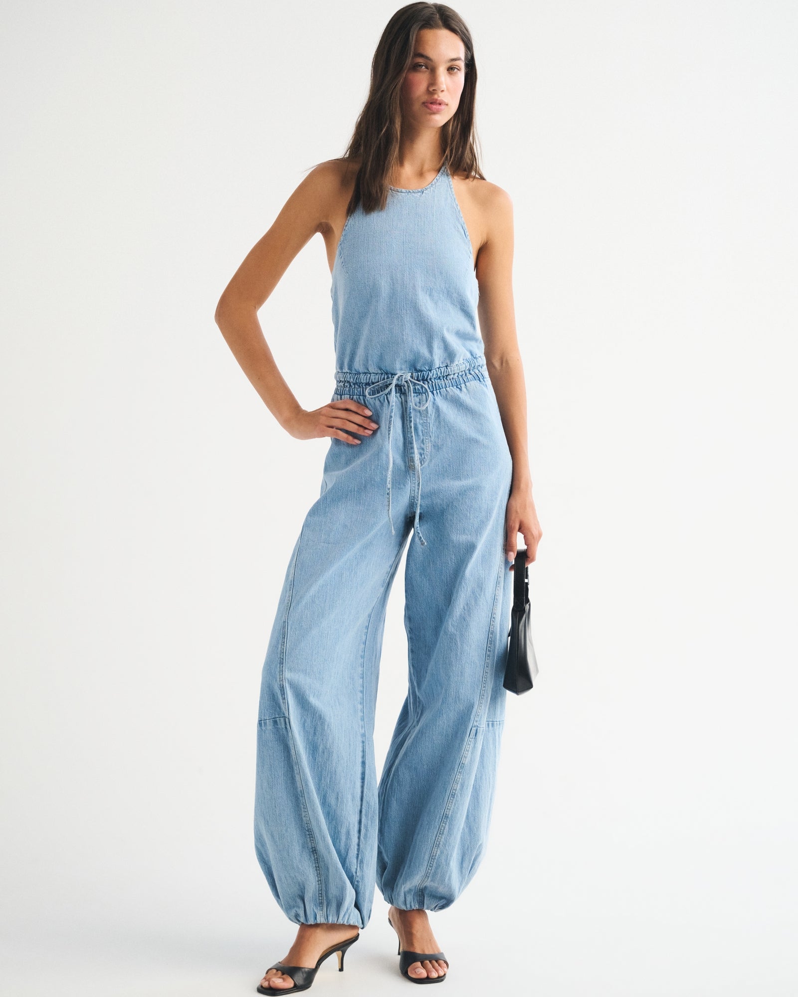 Abercrombie High-Neck Linen-Blend Denim Balloon Leg Jumpsuit