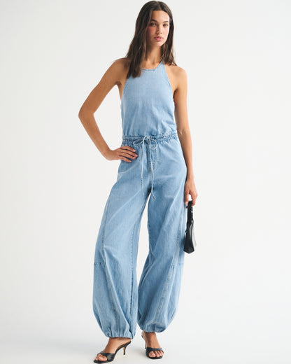 Abercrombie High-Neck Linen-Blend Denim Balloon Leg Jumpsuit