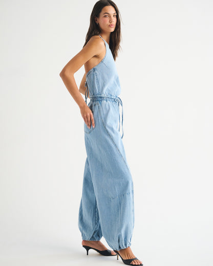 Abercrombie High-Neck Linen-Blend Denim Balloon Leg Jumpsuit