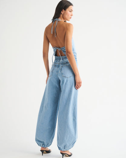Abercrombie High-Neck Linen-Blend Denim Balloon Leg Jumpsuit