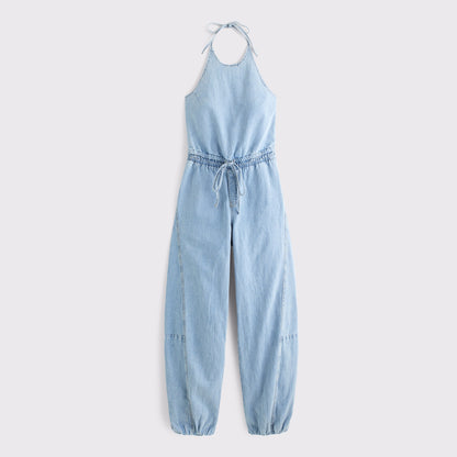 Abercrombie High-Neck Linen-Blend Denim Balloon Leg Jumpsuit
