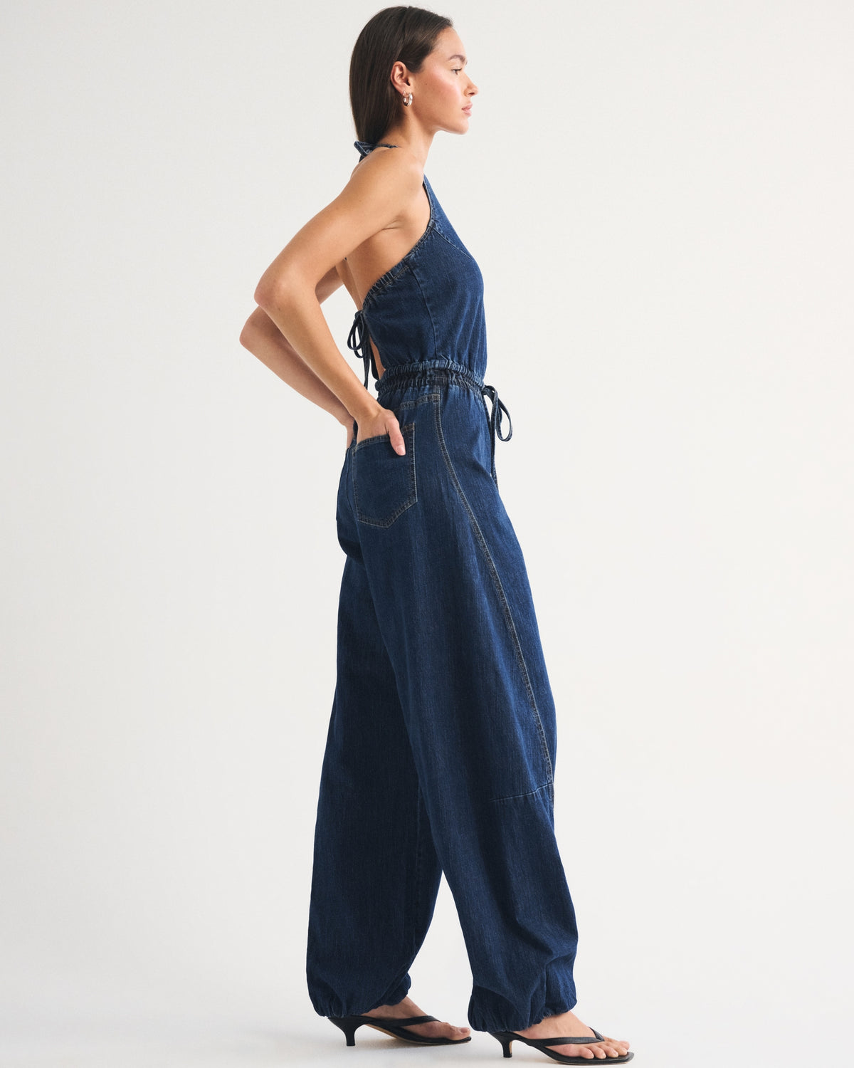 Abercrombie High-Neck Linen-Blend Denim Balloon Leg Jumpsuit