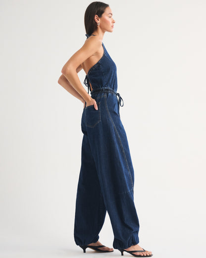 Abercrombie High-Neck Linen-Blend Denim Balloon Leg Jumpsuit