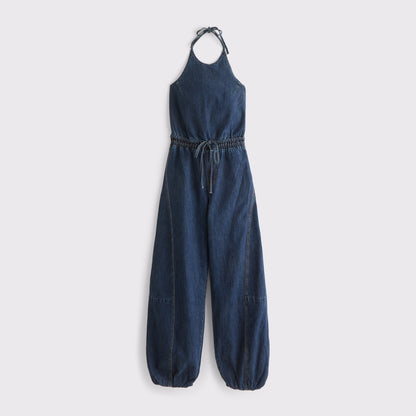 Abercrombie High-Neck Linen-Blend Denim Balloon Leg Jumpsuit