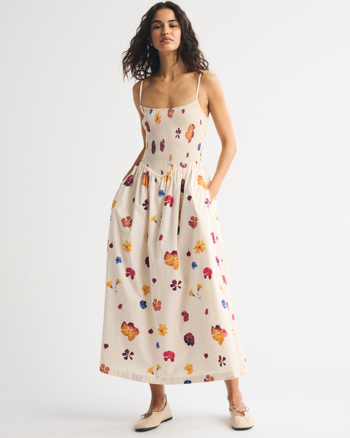 Abercrombie A&F Sydney Smocked Dipped-Waist Midi Dress