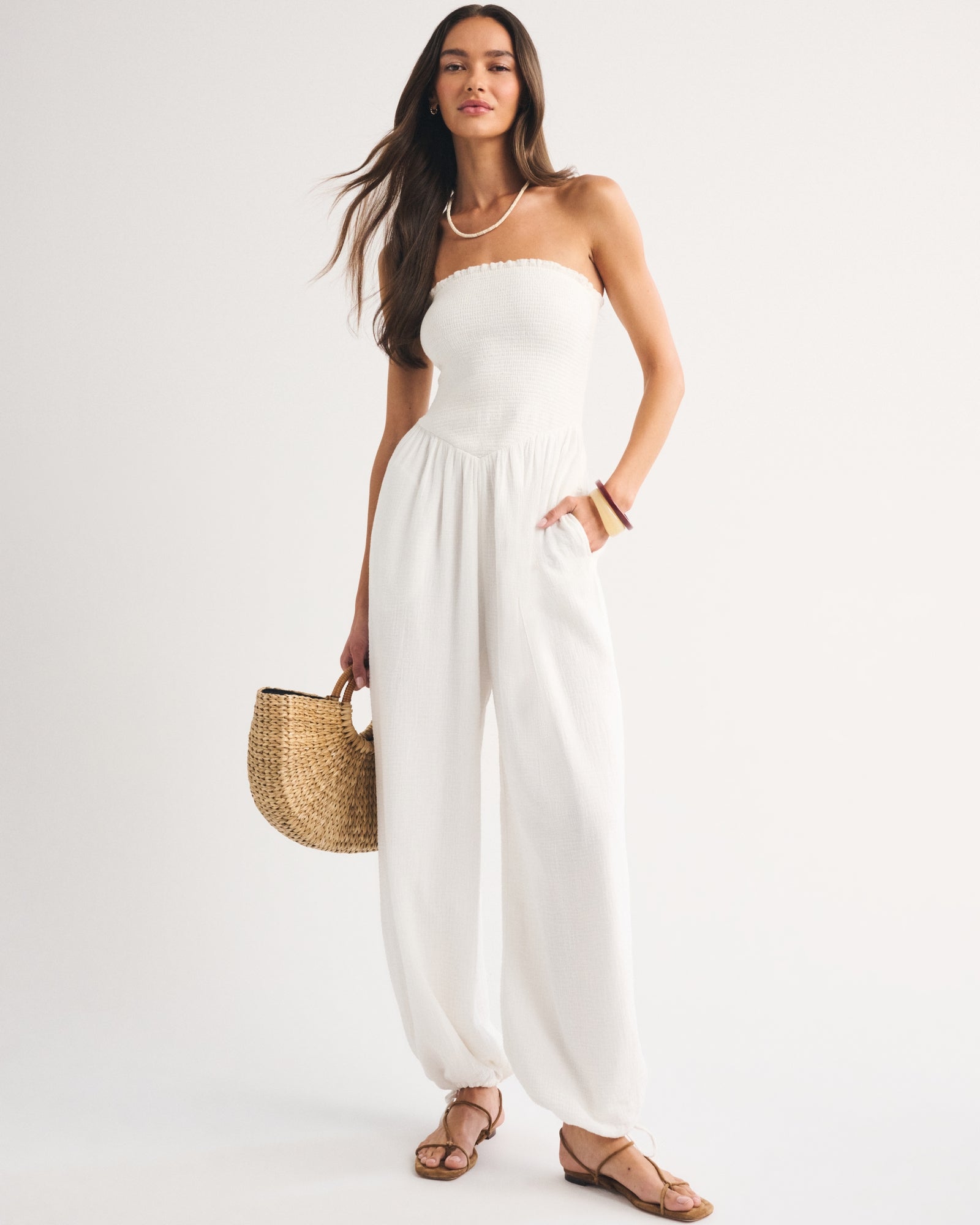 Abercrombie A&F Sydney Smocked Strapless Balloon Leg Jumpsuit