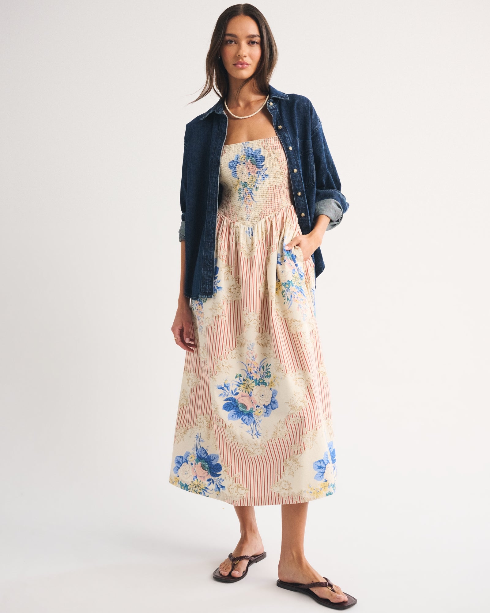 Abercrombie A&F Sydney Smocked Dipped-Waist Midi Dress