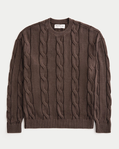 Hollister Boxy Washed Cable-Knit Crew Sweater