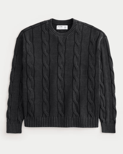 Hollister Boxy Washed Cable-Knit Crew Sweater