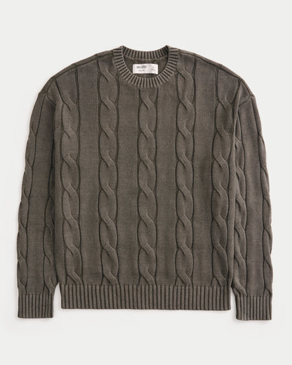 Hollister Boxy Washed Cable-Knit Crew Sweater