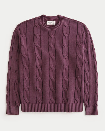 Hollister Boxy Washed Cable-Knit Crew Sweater
