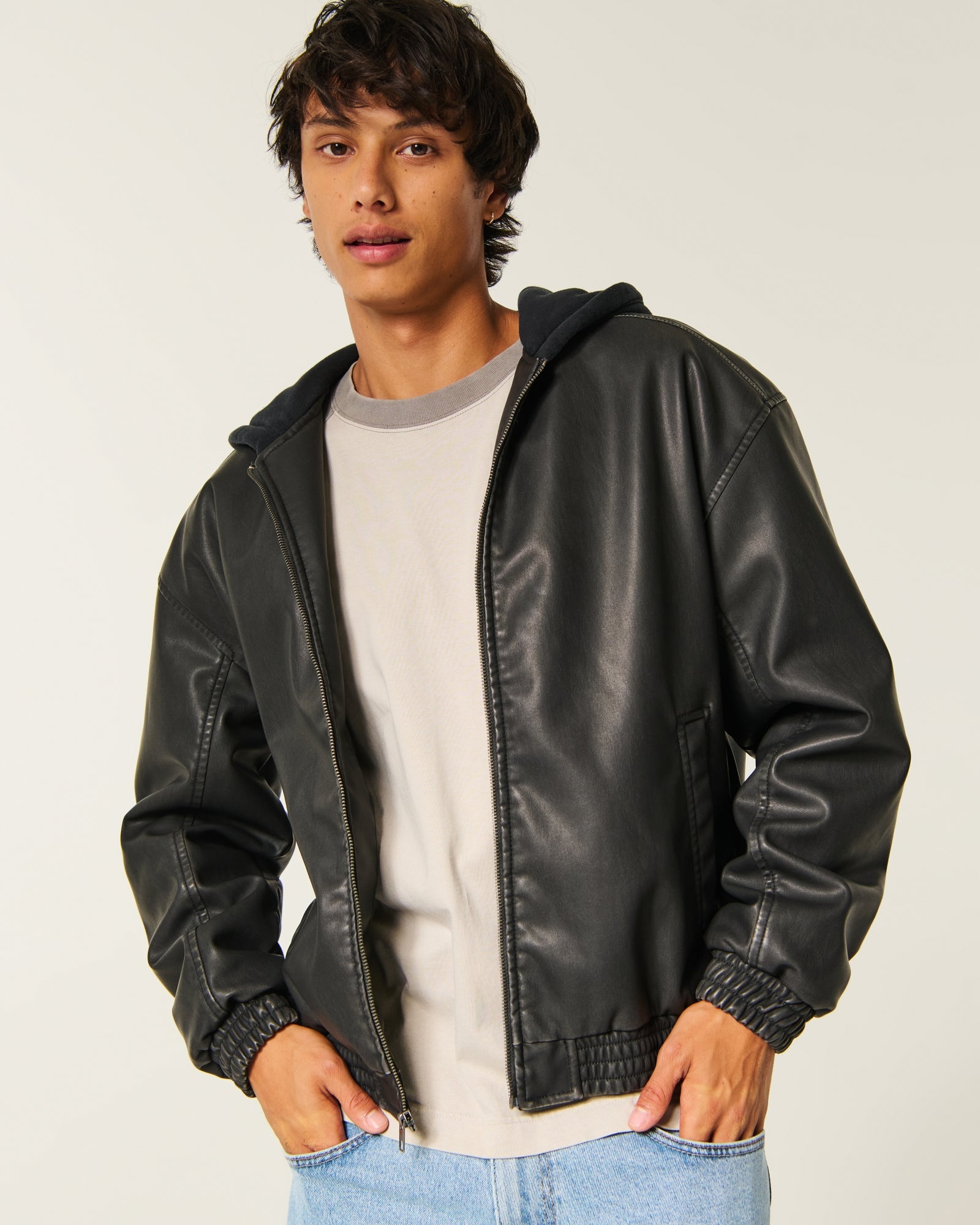 Hollister Faux Leather Fleece Hood Bomber Jacket