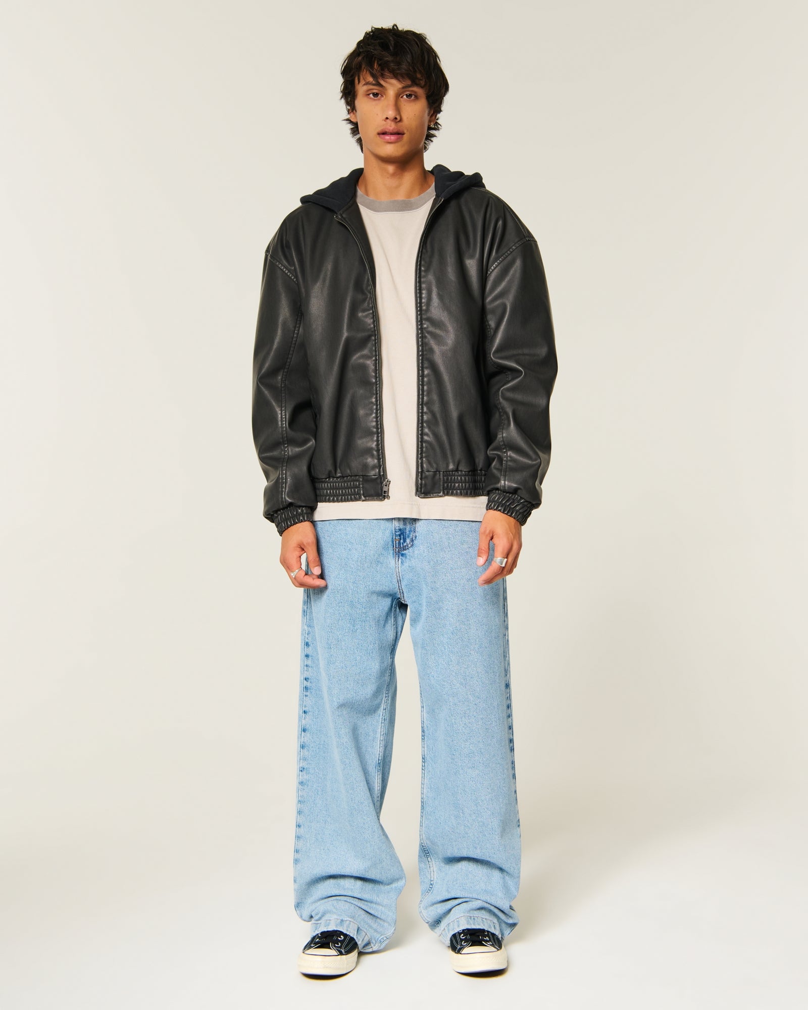 Hollister Faux Leather Fleece Hood Bomber Jacket