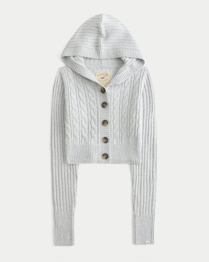 Hollister Shrunken Cable-Knit Hooded Cardigan
