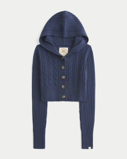 Hollister Shrunken Cable-Knit Hooded Cardigan