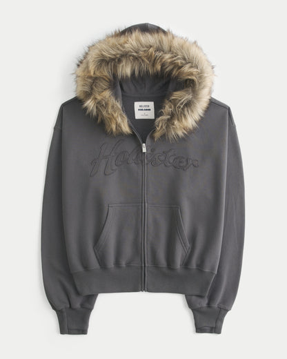 Hollister Hollister Feel Good Faux Fur Trim Logo Zip-Up Hoodie