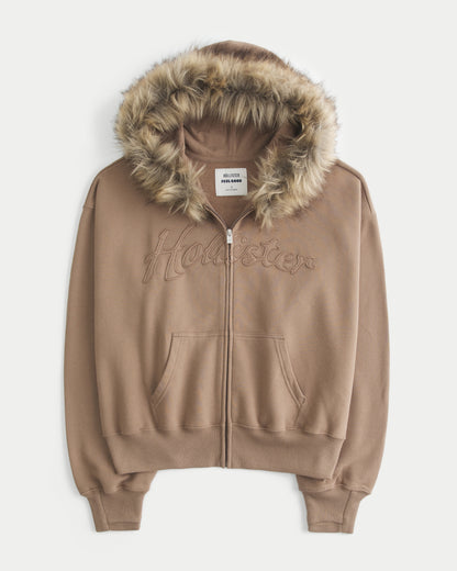 Hollister Hollister Feel Good Faux Fur Trim Logo Zip-Up Hoodie