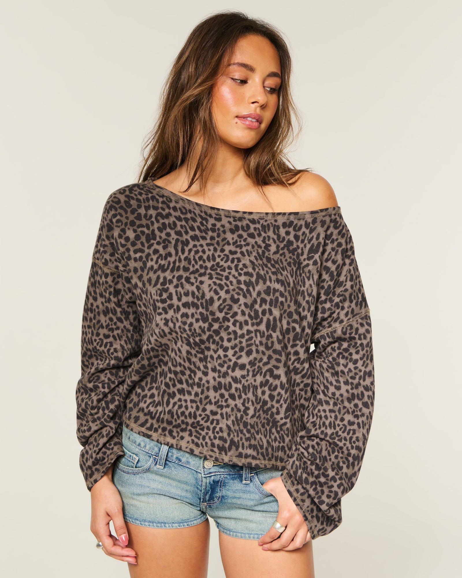 Hollister Easy Off-the-Shoulder Leopard Print Terry Sweatshirt