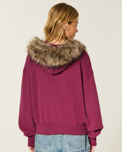 Hollister Hollister Feel Good Faux Fur Trim Logo Zip-Up Hoodie