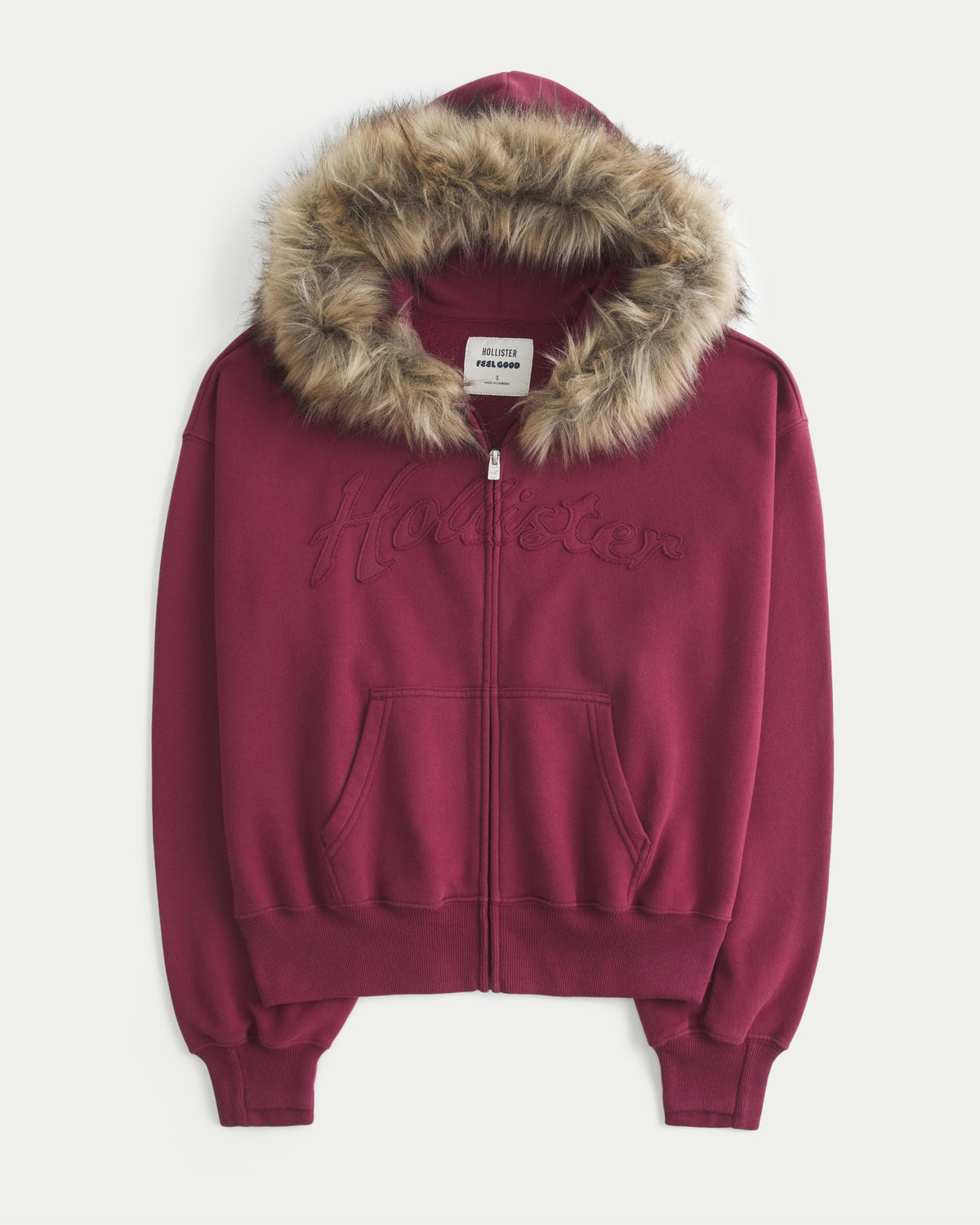 Hollister Hollister Feel Good Faux Fur Trim Logo Zip-Up Hoodie