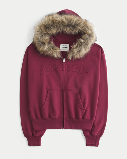 Hollister Hollister Feel Good Faux Fur Trim Logo Zip-Up Hoodie