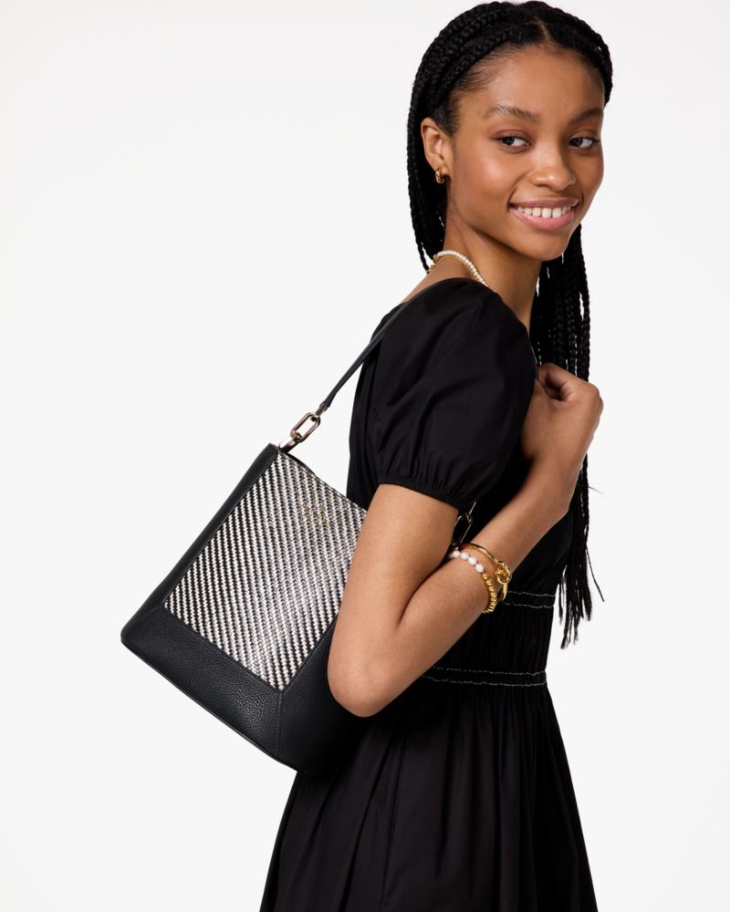 KateSpade Lena Straw Bucket Bag Black Multi