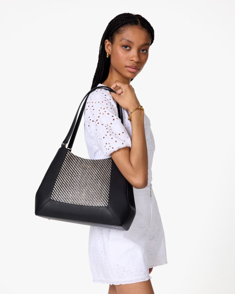 KateSpade Lena Straw Triple Compartment Shoulder Bag Black Multi
