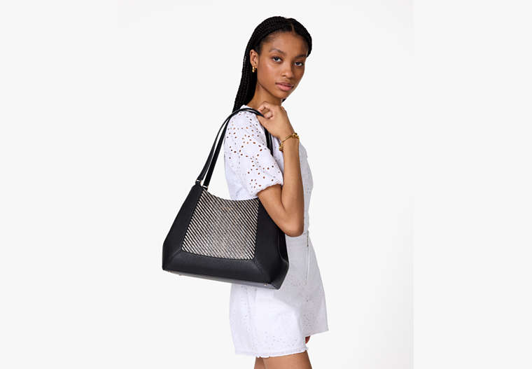 Lena Straw Triple Compartment Shoulder Bag Black Multi Black Multi