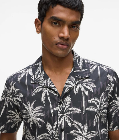 Karl Lagerfeld Palm-Print Short-Sleeved Shirt Black