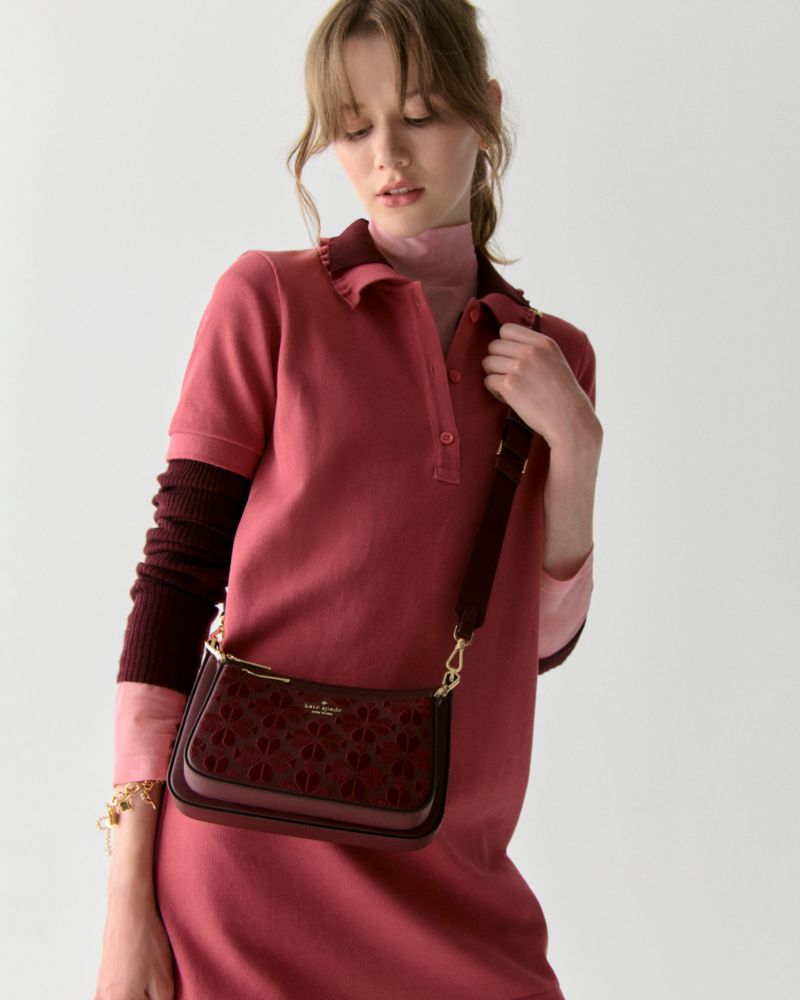 KateSpade Duet Spade Flower Embroidered Small Crossbody Dark Merlot