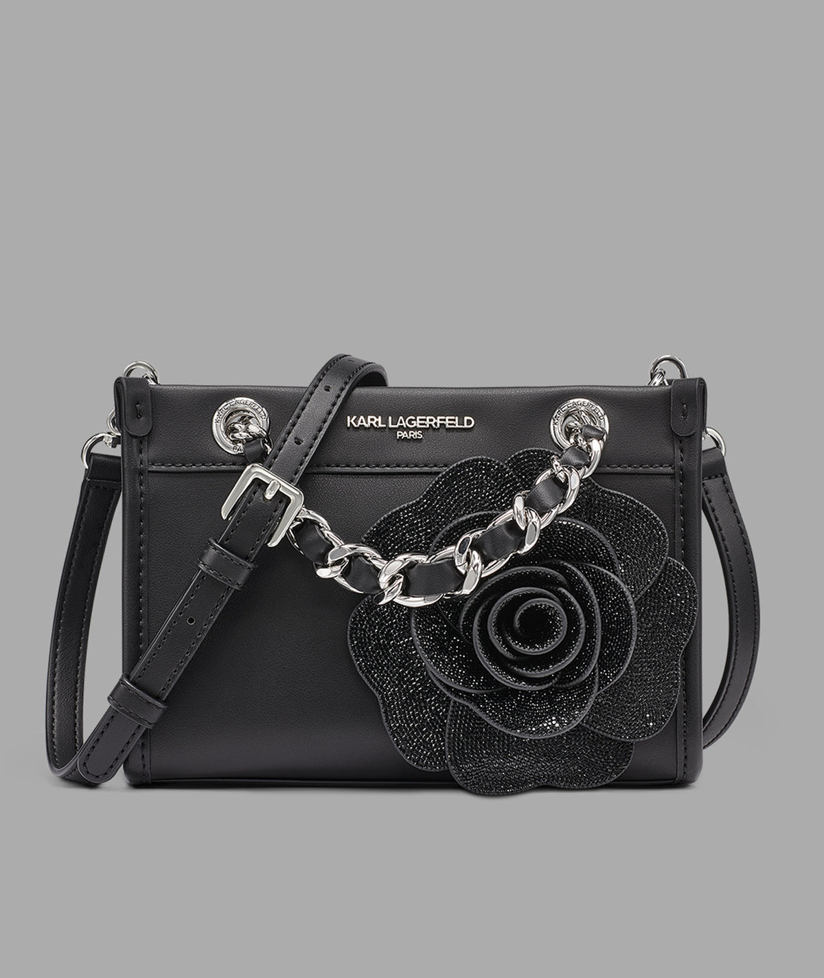KarlLagerfeld Savoie small leather crossbody with flower black/silver