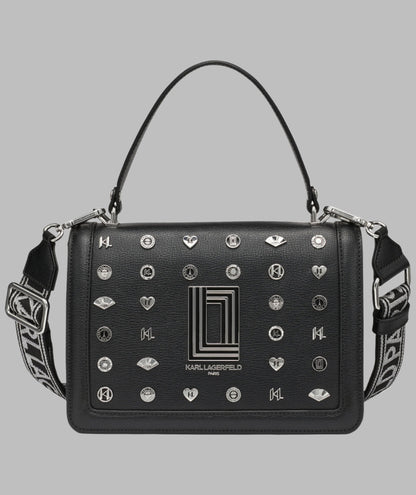 KarlLagerfeld Simone leather flap satchel with pins black