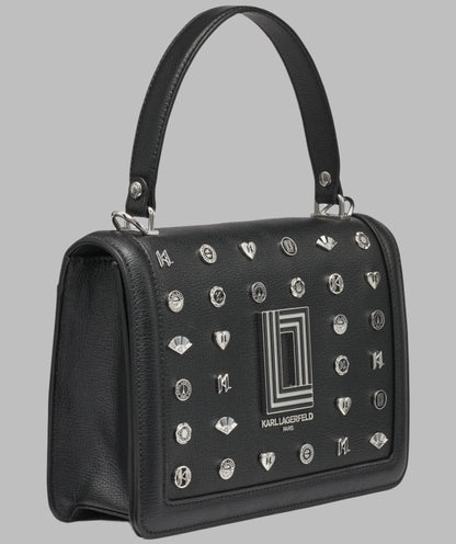 KarlLagerfeld Simone leather flap satchel with pins black