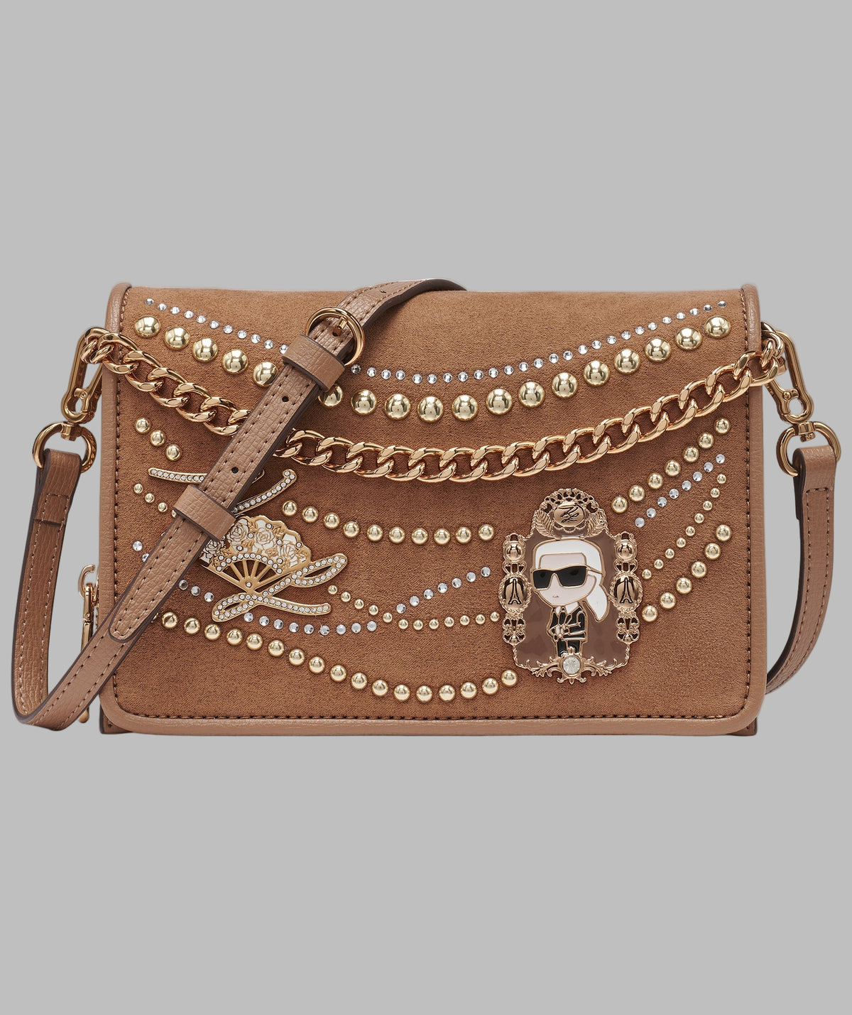 KarlLagerfeld Lourdes suede flap crossbody brown