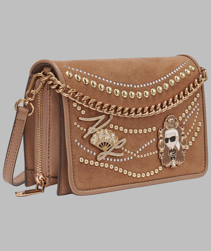 KarlLagerfeld Lourdes suede flap crossbody brown