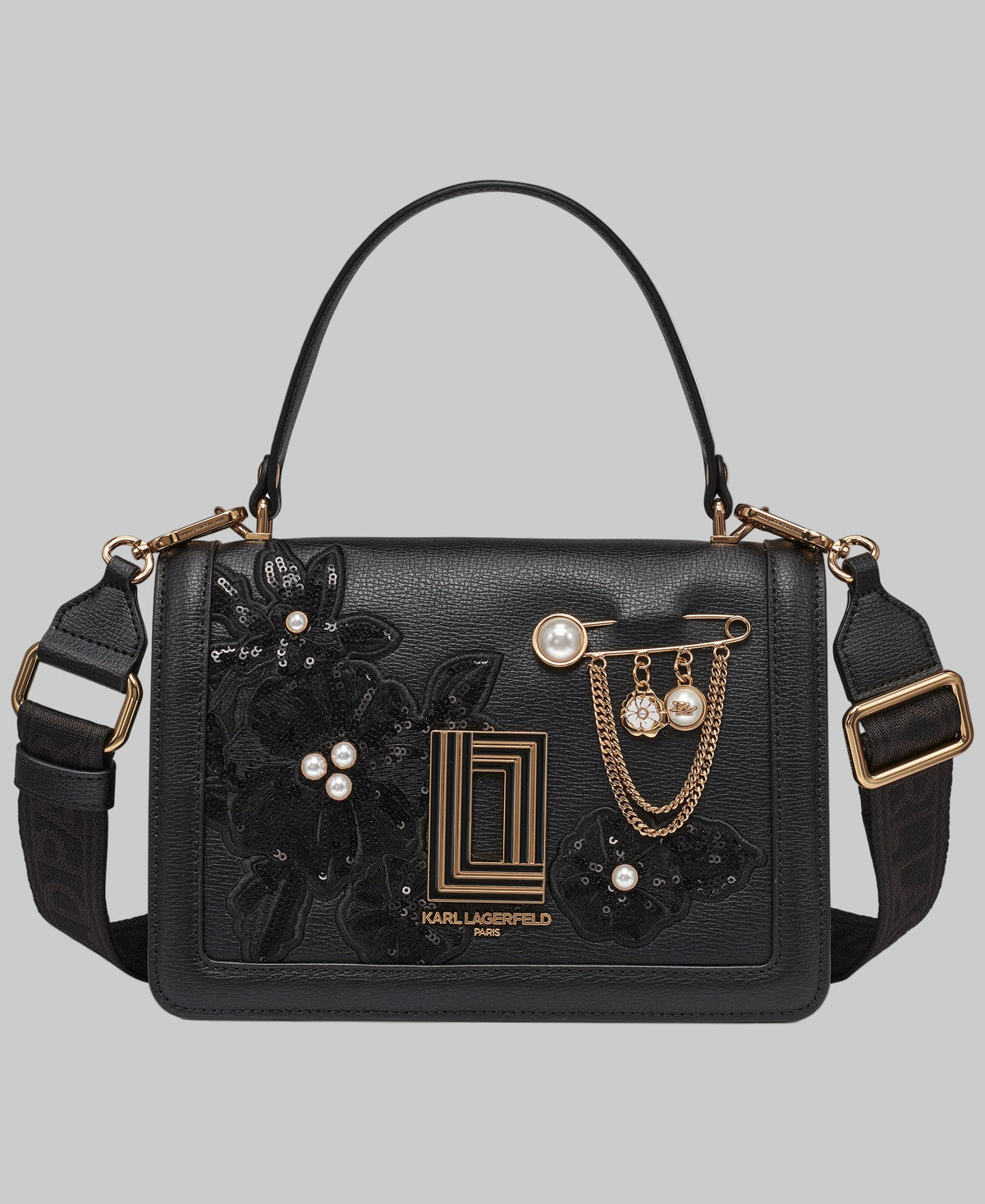 KarlLagerfeld Simone leather flap satchel with flowers black