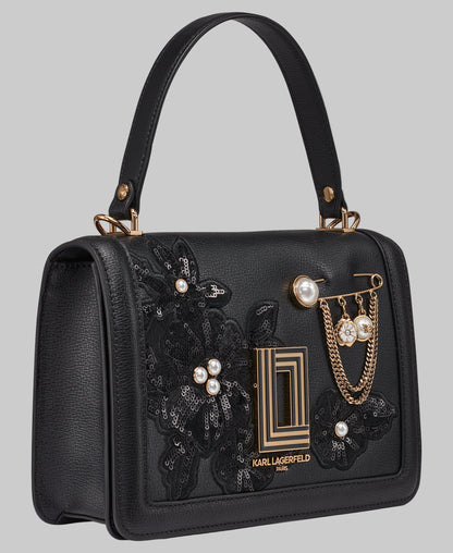 KarlLagerfeld Simone leather flap satchel with flowers black