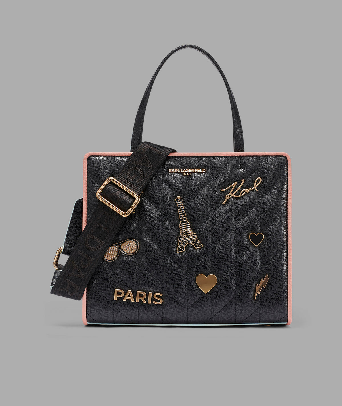 KarlLagerfeld Maybelle satchel with pins and contrast trim black / gold