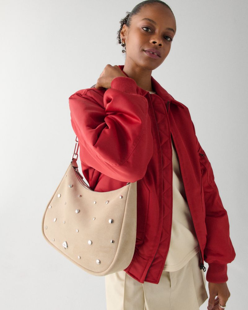 KateSpade Kayla Suede Studs Large Shoulder Bag Milk Glass