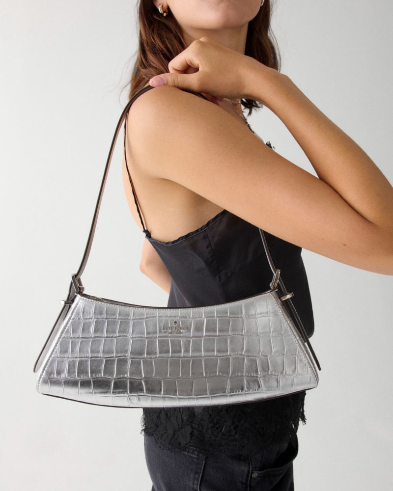 KateSpade Frankie Metallic Croc Embossed Small East West Shoulder Silver