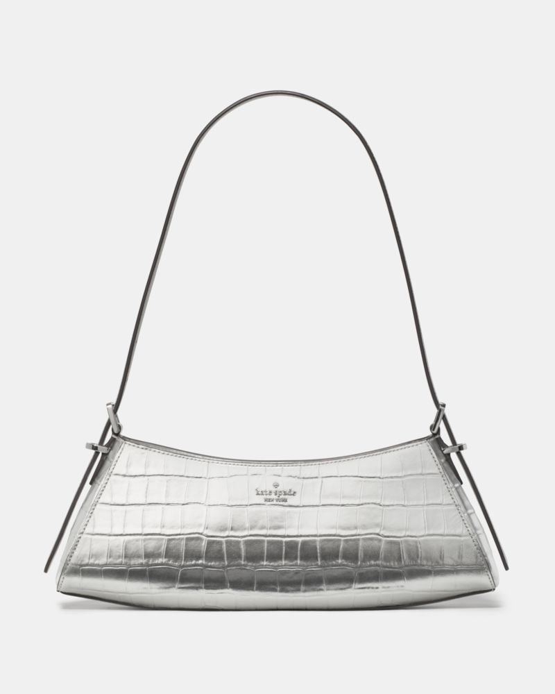 KateSpade Frankie Metallic Croc Embossed Small East West Shoulder Silver