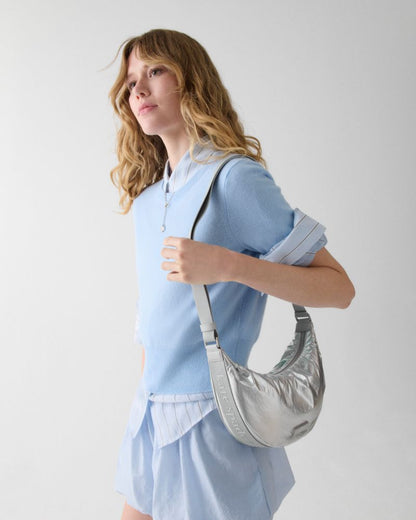 KateSpade Carter Metallic Fabric Sling Bag Silver