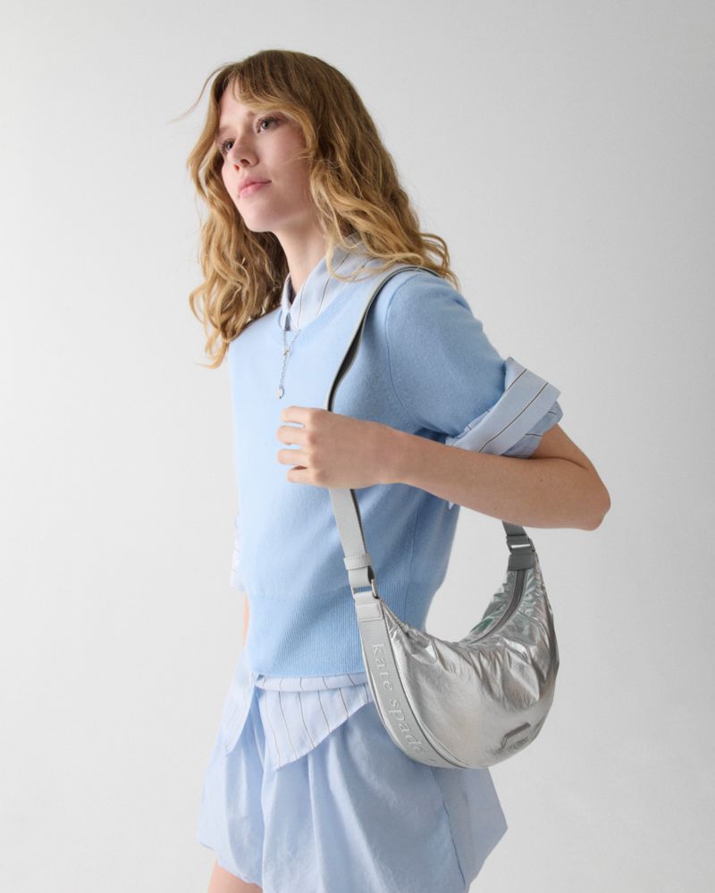 KateSpade Carter Metallic Fabric Sling Bag Silver