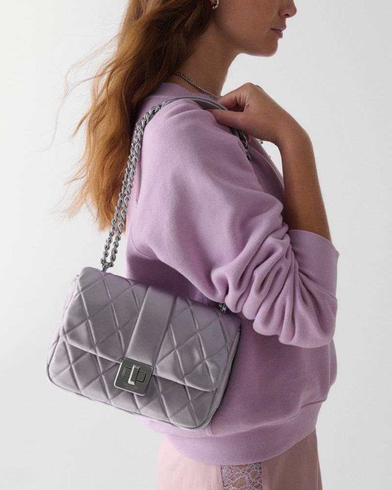 KateSpade Carey Quilted Satin Small Flap Crossbody Gravel Grey