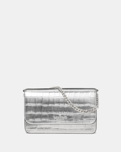 KateSpade Madison Croc Embossed Willow Mini Flap Crossbody Silver