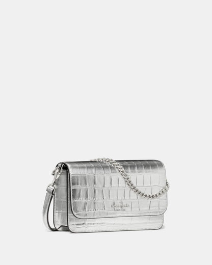KateSpade Madison Croc Embossed Willow Mini Flap Crossbody Silver