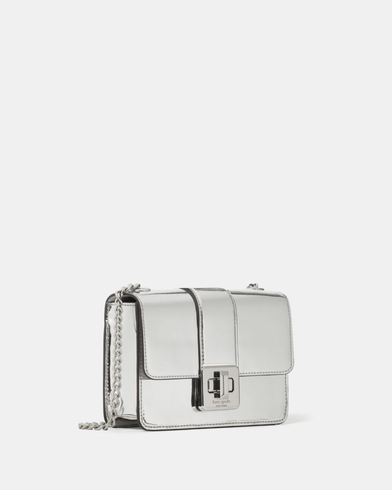 KateSpade Phoebe Mirror Metallic Turnlock Mini Flap Crossbody Silver